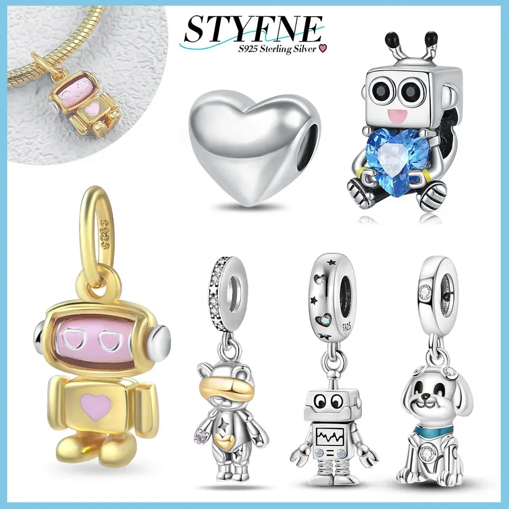 Sterling 925 Silver Golden Robot Smart Expression Pink Enamel Craft Friendship Mascot for Women Diy Original Bracelet Jewelry