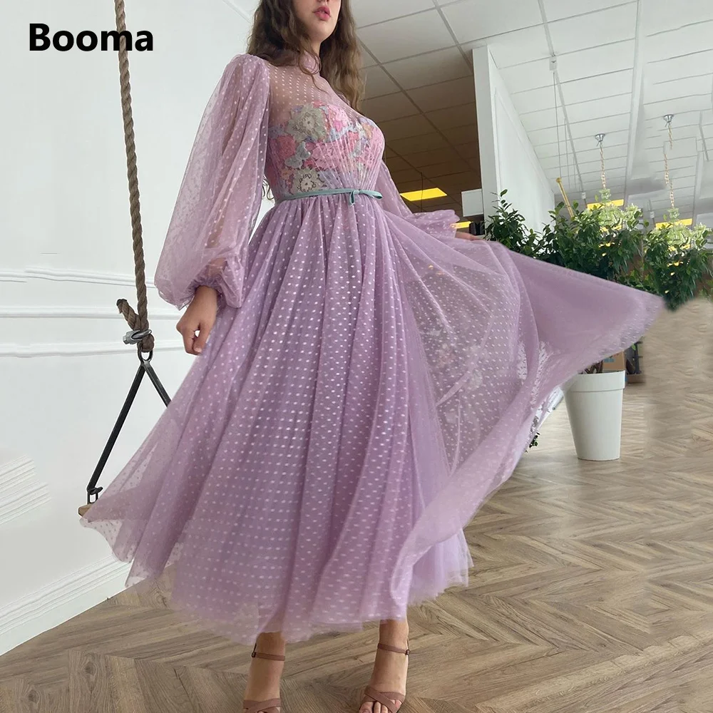 Lavender Tinggi Leher Prom Gaun Lengan Panjang Polka Dots Tulle Teh-Panjang Gaun Malam Warna-warni Appliques Formal Pesta Busana