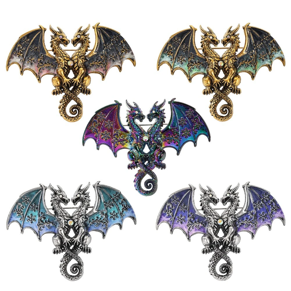 Gothic Twin Dragon Enamel Brooch Set Vintage Double-Headed Dragon Lapel Pin for Men Dark Double Headed Dragon Badge