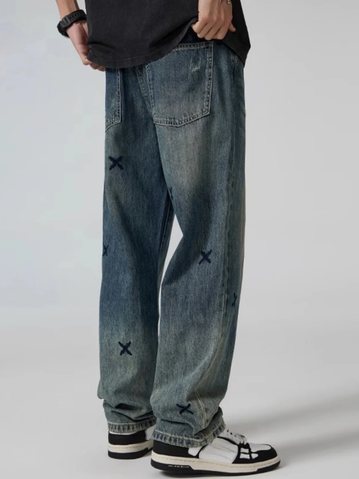 

Свободные широкие джинсы с вышивкой в стиле ретро для мужчин, осень-зима, новые прямые свободные брюки в стиле хип-хоп High Street