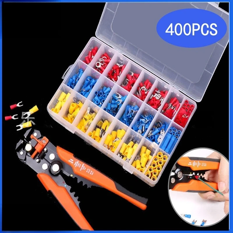 

Electrician Crimping Tool Combo 400Pcs Assorted Cold Press Wire Terminals Storage Box + Wire Stripping Tool