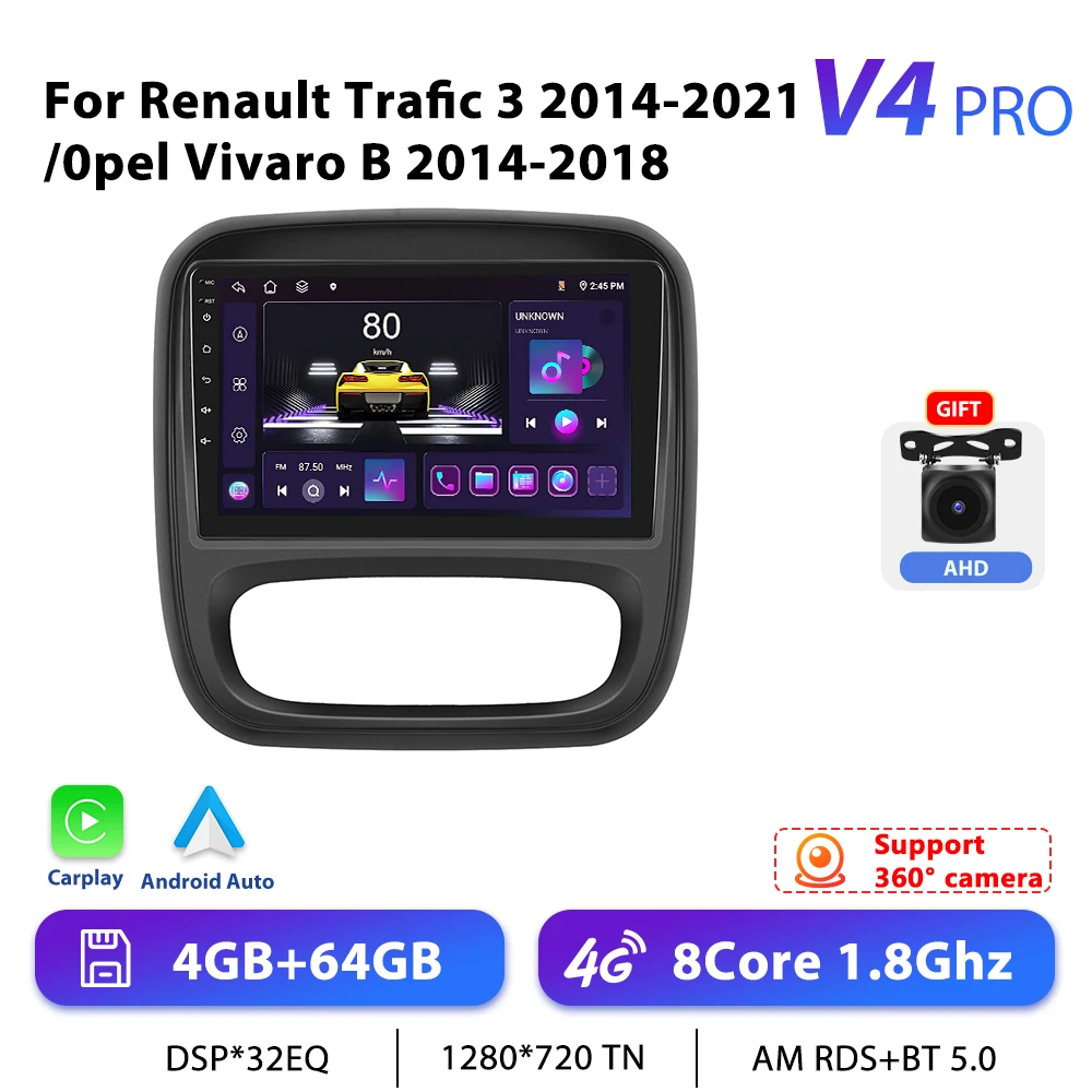 Podofo 9 "Autoradio Draadloze CarPlay Android Radio Voor Renault TRAFIC/Opel VIVARO 2014-2021 Multimedia GPS FM 4G WIFI Autoradio - afbeelding 1