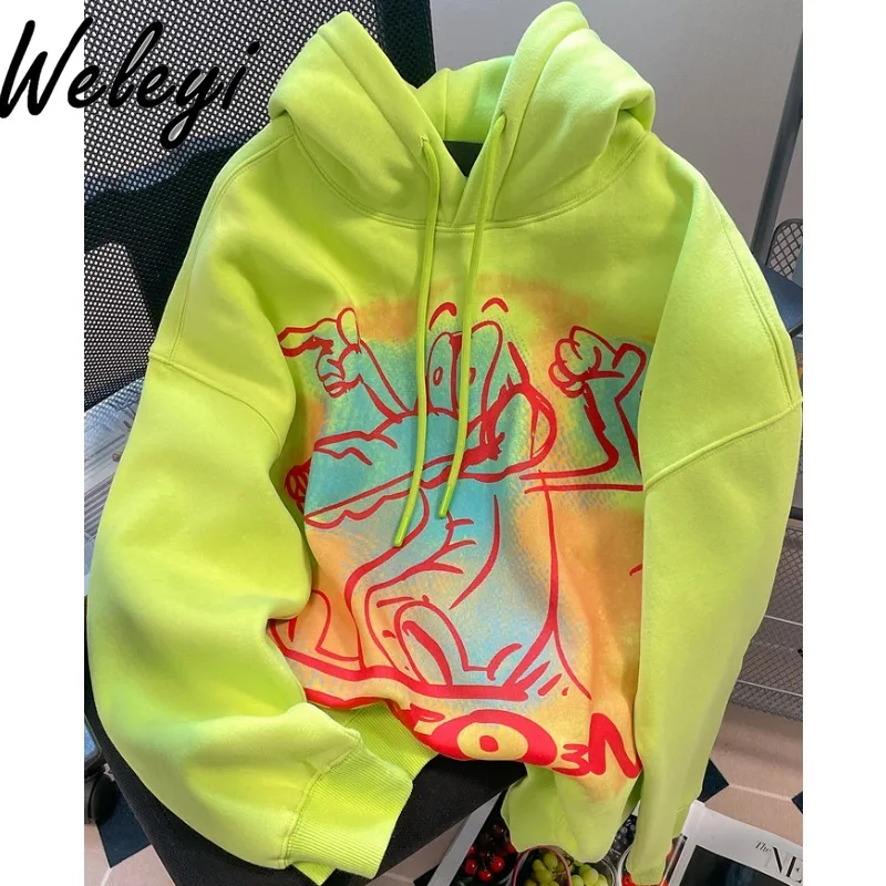 American Fashion Hoodie Jacket Artistic Student Vintage Graffiti Crocodile Women's Vintage Fleece Lined Long Sleeve Hooded Tops