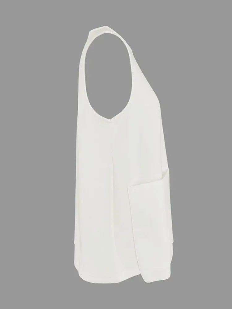 女性用ホワイトノースリーブトップス ポケットベストトップス 2025新作 ラウンドネック Aライン ルーズ カジュアル サマーTシャツ