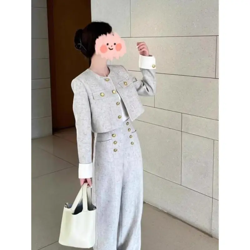 Women's Winter Fragrance Short Woolen Suit Wide-leg Pants Set Retro Casual Metal Button Crewneck Jacket Trousers Two-piece 