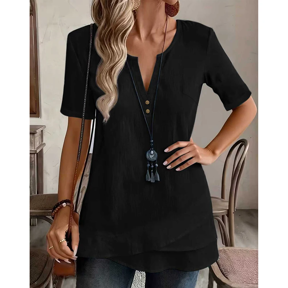 Solid Color Cotton Linen Blend Short Sleeve Top for Women Twisted Button Front Regular Fit for Home Vacation and Club Use