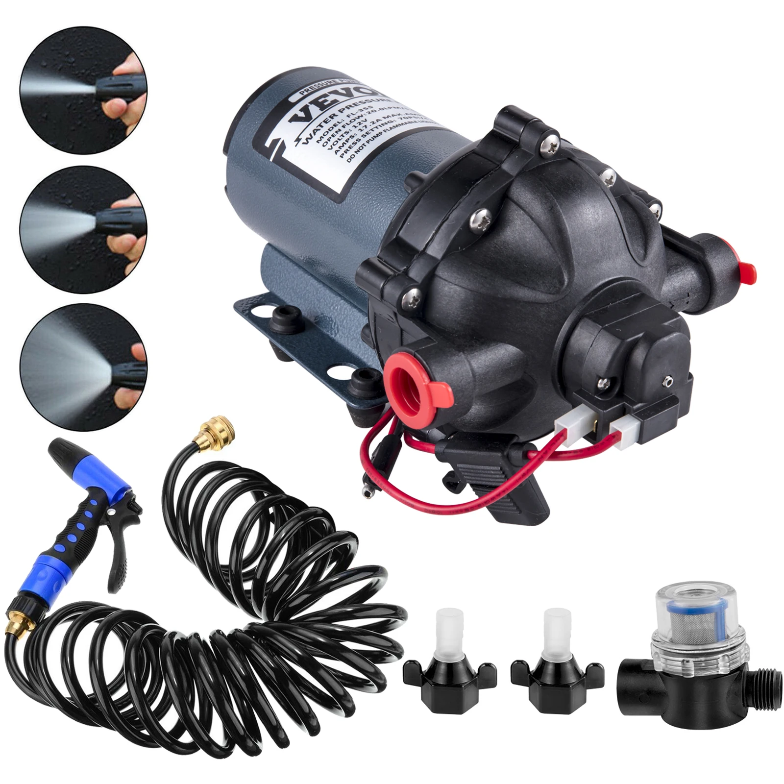 VEVOR 5.5 GPM Washdown Pump Deck Wash Pump Kit 12V 70PSI Boat Marine Yacht RV Water Pump With 25Ft Hose Automatic Diaphragm Pump