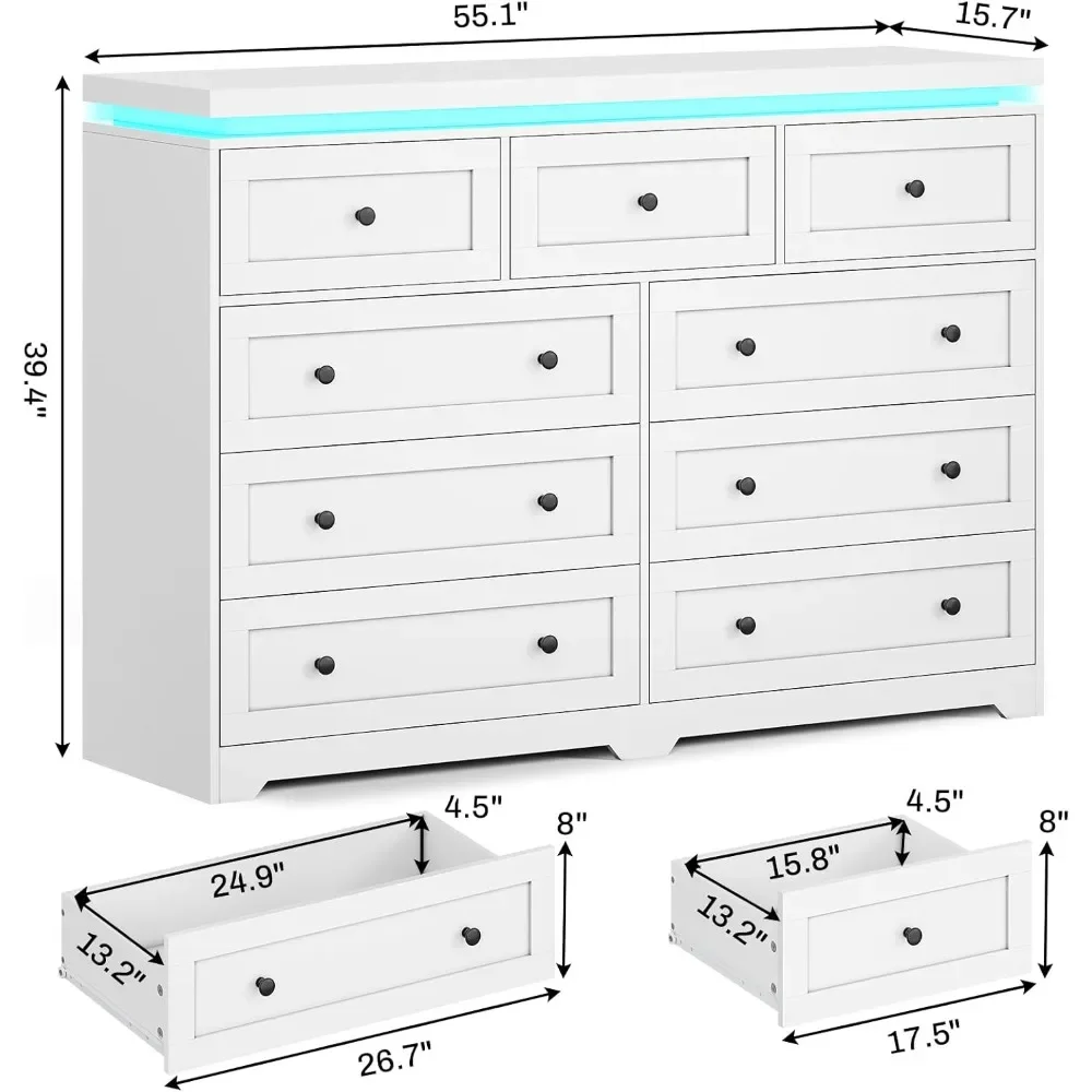 Tall Dresser for Bedroom with 9 Drawers,55.1” Long White Dresser with Led Lights, Modern Chest of Drawers, Led Wide Bed