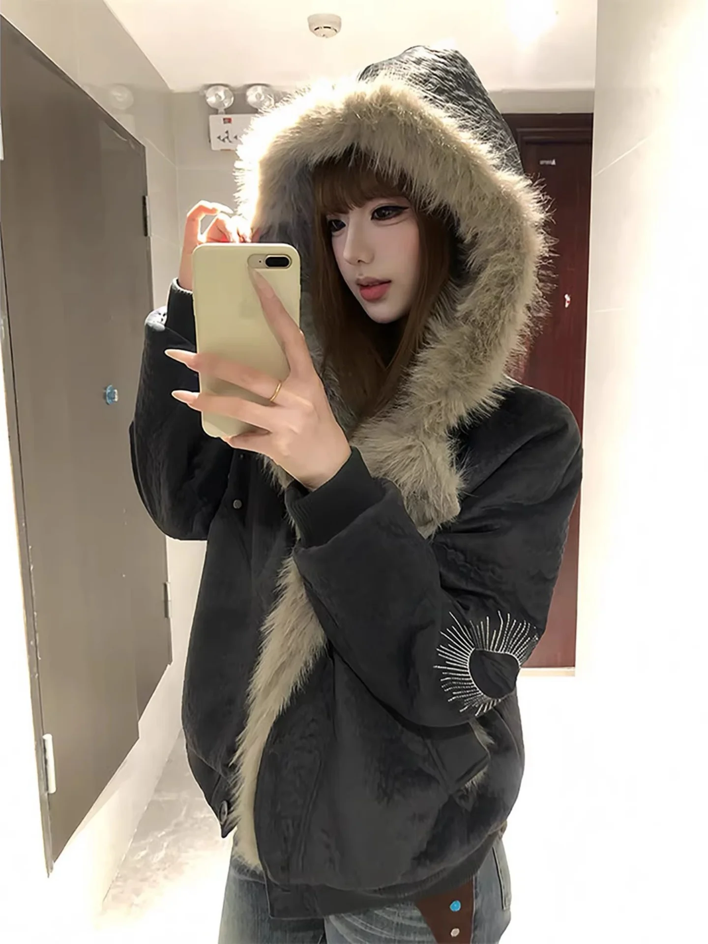 

American Sle ort Jaet Cotton Coat Men's Winter High Sensation Youth Workwear Fce Cotton Clothes with Fur Collar