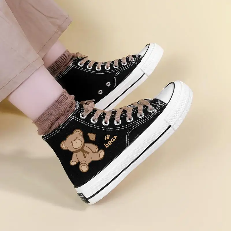 winnie the pooh strawberrybear 2024 new Korean Cute Canvas Shoes Women's High-top Black Velvet Students Casual Flat Shoes