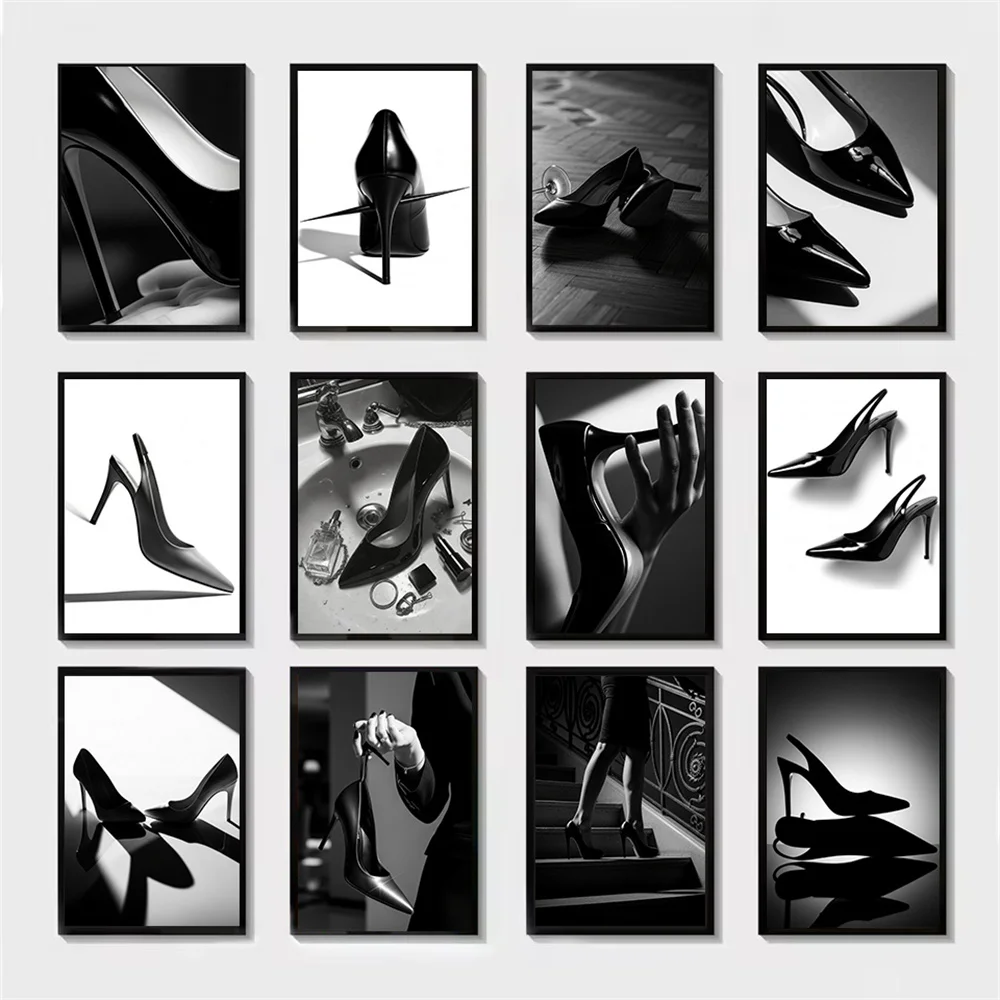 Elegantes tacones altos negros, copas de vino, perfumes, carteles retro, suelos minimalistas, fotografía, pinturas en lienzo para decoración del hogar