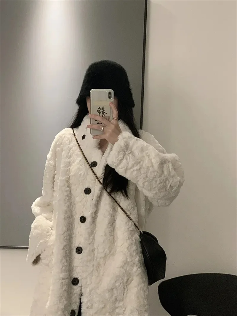 Lamb Fur Grass Coat Women Lmitation Rabbit Fur Korean Version Medium Length Loose Standing Neck Woolen Coat Women Autumn Winter