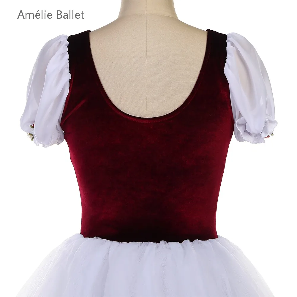 25065 Neue Ballettkostüme, kurze Ärmel, burgunderrotes Samt-Oberteil mit weißen, romantischen, weichen Tüllröcken, Giselle Ballet Cotsumes