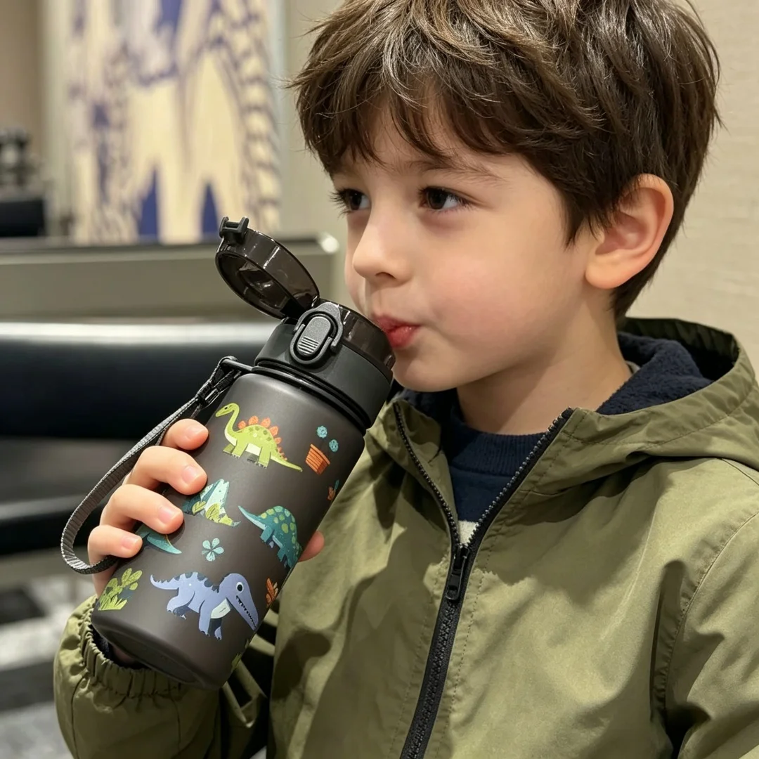 Cartoon Dinosaur Color Sports Water Bottle, Leak-Proof, Portable, 3D Textured Design Cute, with Pop-Up Lid, Suitable for Sports