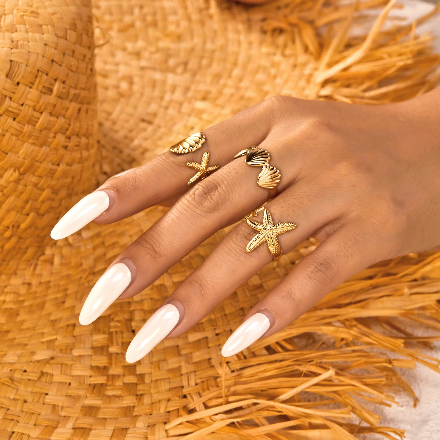 Fashionable ocean vacation style shell starfish ring opening three piece set