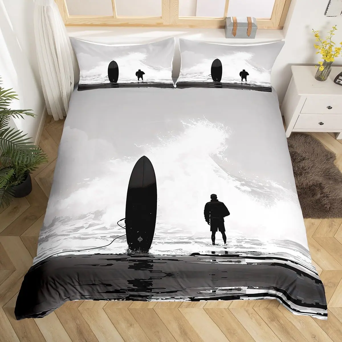 Surfing Bedding Set Twin Double Ocean Wave Duvet Cover Surf Sea Sports Comforter Cover Teens Grey Black Polyester Quilt Cover