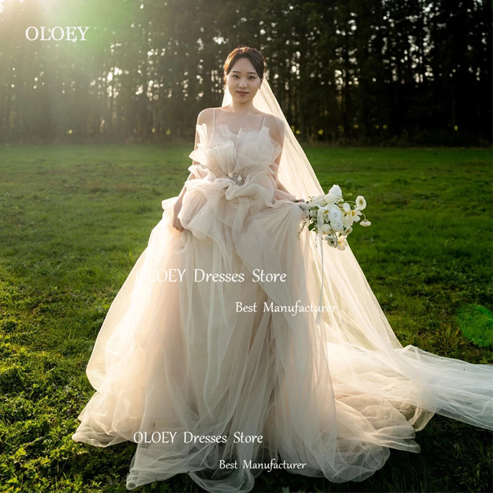 OLOEY 2024 Fairy Soft Tulle Korea Wedding Dresses Photoshoot Spaghetti Straps Ruffles Corset Back Long Veil Garden Bridal Gowns