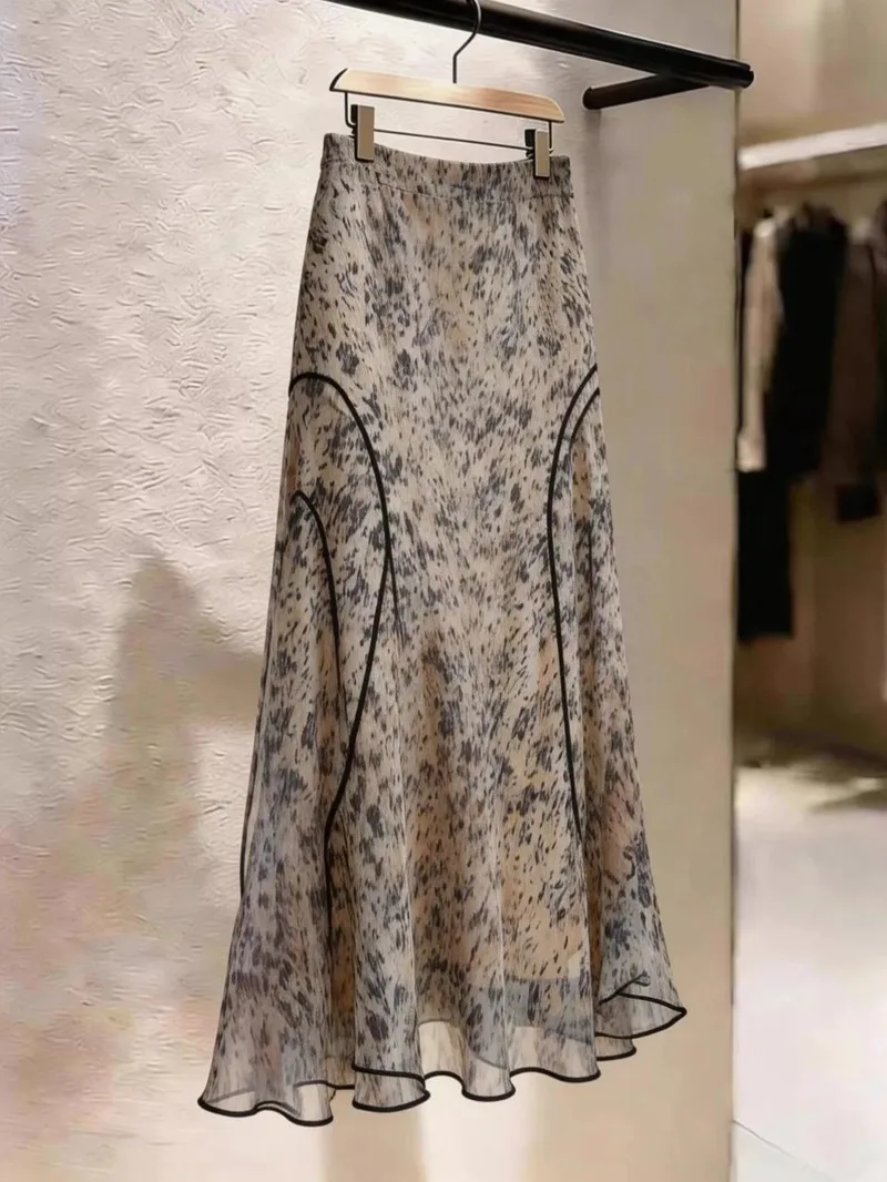 DCABT Spring Summer French Flower Print Office Lady Skirts Women Trendy Temperament High Waist A-line Midi Chiffon Skirt 790A
