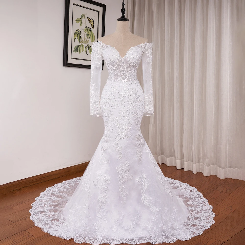 HEULORIA elegant mermaid wedding dress off shoulder long Sleeve lace beading bride dress court train Robe De Mariee wedding gown