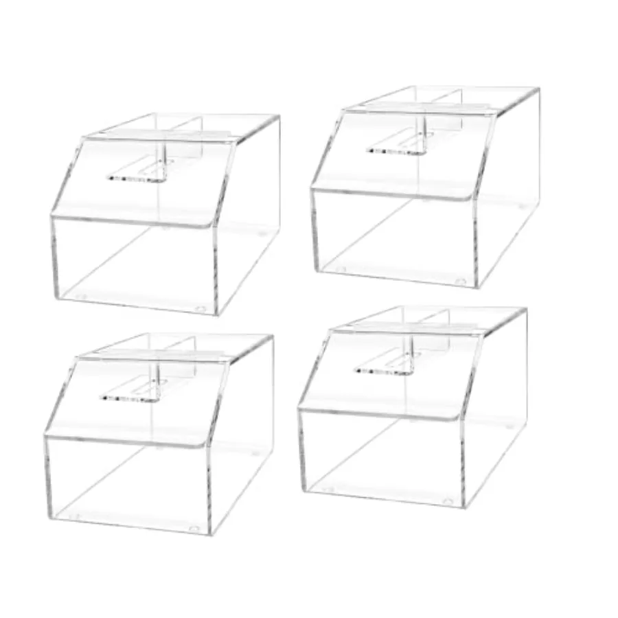 Paquete de 4 recipientes de acrílico transparente con tapa abatible y cuchara para almacenamiento de dulces, frutos secos y granola, ideales para mostradores de venta al por menor.
