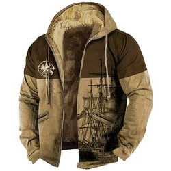 Men's Winter Jackets Fleeced Coats Padding Windbreaker Compass Sailing Sailboat Zip-up Hoodies Parkas Warm Outerwears Sweatshirt