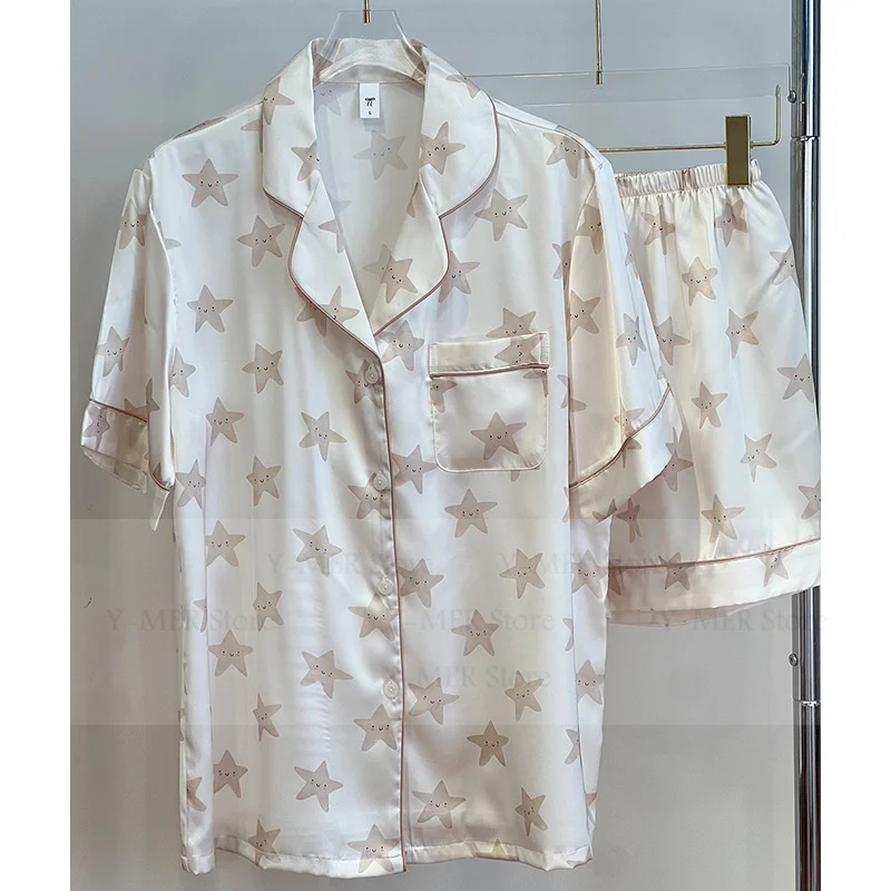 

Icce Silk Sleepwear Lady Home Clothes Short Sleeve Print Stars Pijama Mujer Loose Nightwear Satin Pyjamas Femme Home Clothes