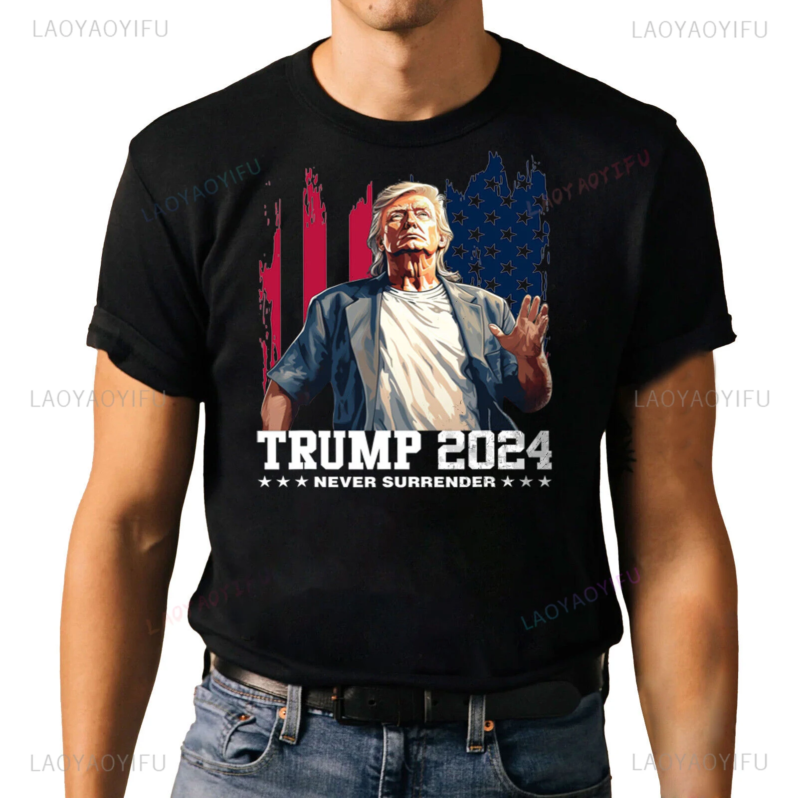 American Flag Graphic Men Women T-shirt Donald Tru&mp 2024 Never Surrender President Trump T-shirt  Pro-Trump Fans Gifts Tops