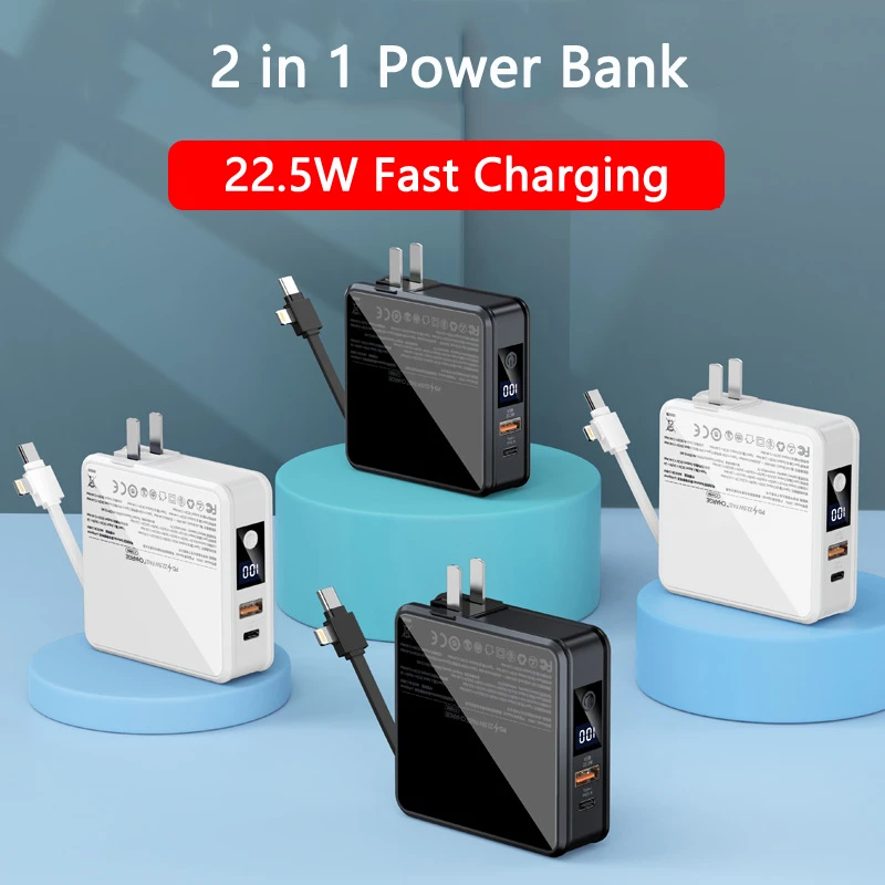 10000 mAh Power Bank 22.5 W Super Fast Charge Powerbank Portable Rechargeable Battery with LED Digital Display Built in Cable