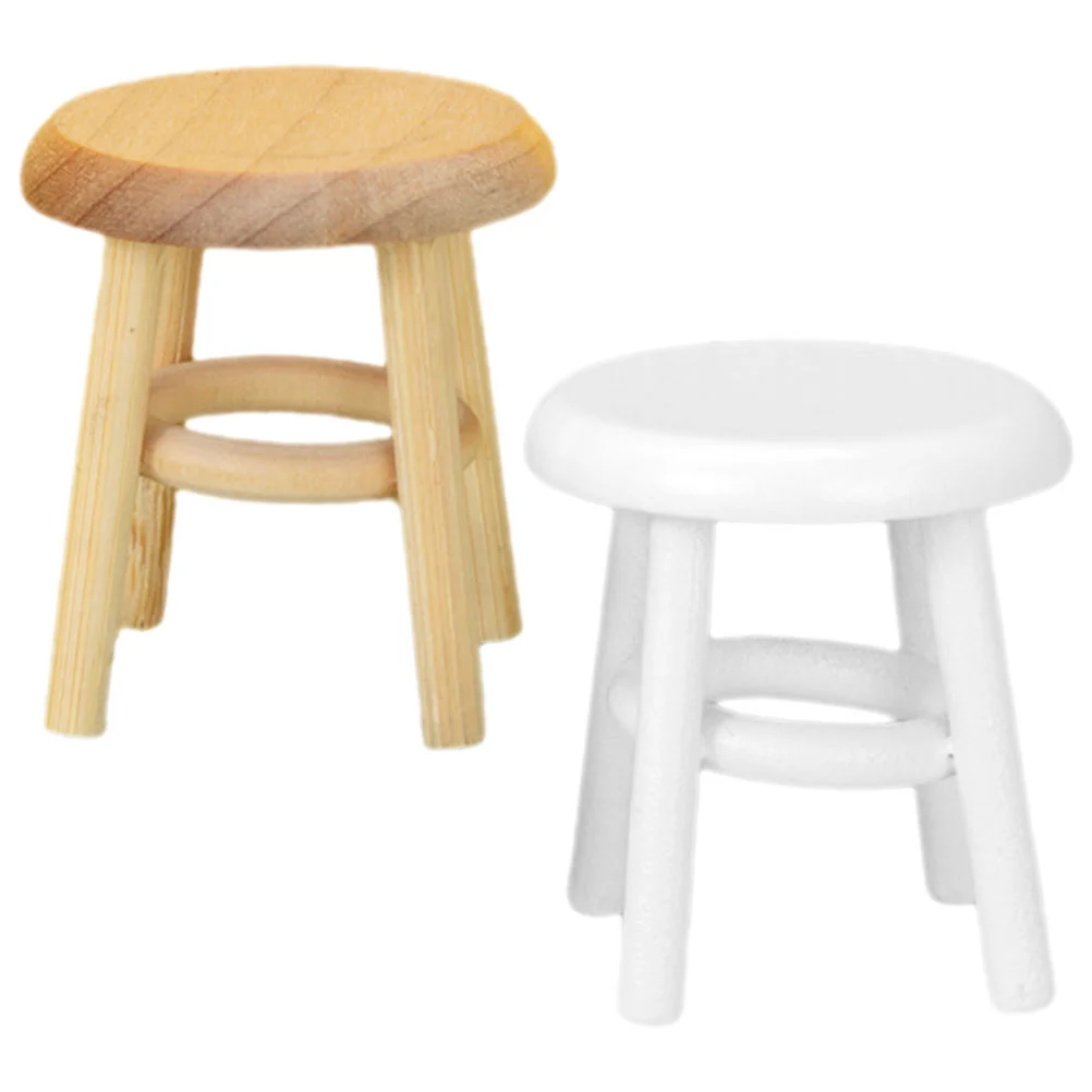 Mini House Chair 1:12 Furniture Model High Stool Ornaments Miniature Play Accessories (wood Color + White) 2pcs Barstools