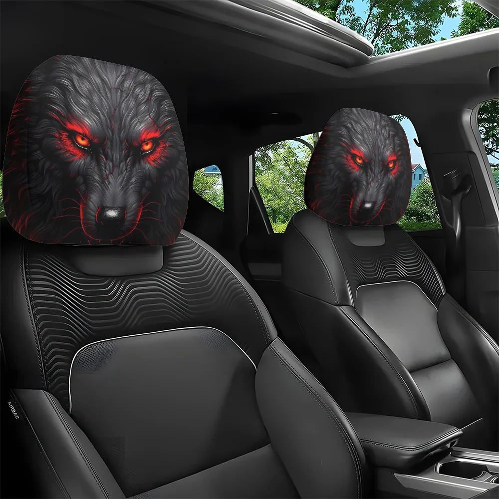 

2pcs Dark-Style Red-Eyed Wolf Pattern Car Headrest Covers Unstuffed Seat Protectors Dust-proof Design Ideal for Long Trips