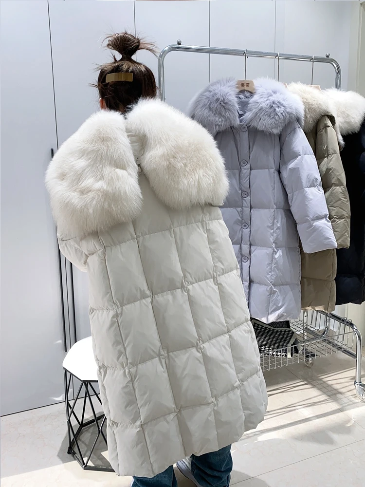 Luxury Fox fur collar puffer coat Long Goose down jacket for women 2023 Winter Warm Loose Female Stylish Overcoat INKEO 3O201