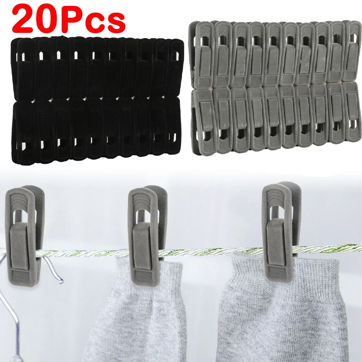 20Pcs Flocking Clothes Clips Strong Windproof Non-Slip Pants Hangers for Laundry Hanging Socks Underwear Drying Rack Black/Gray