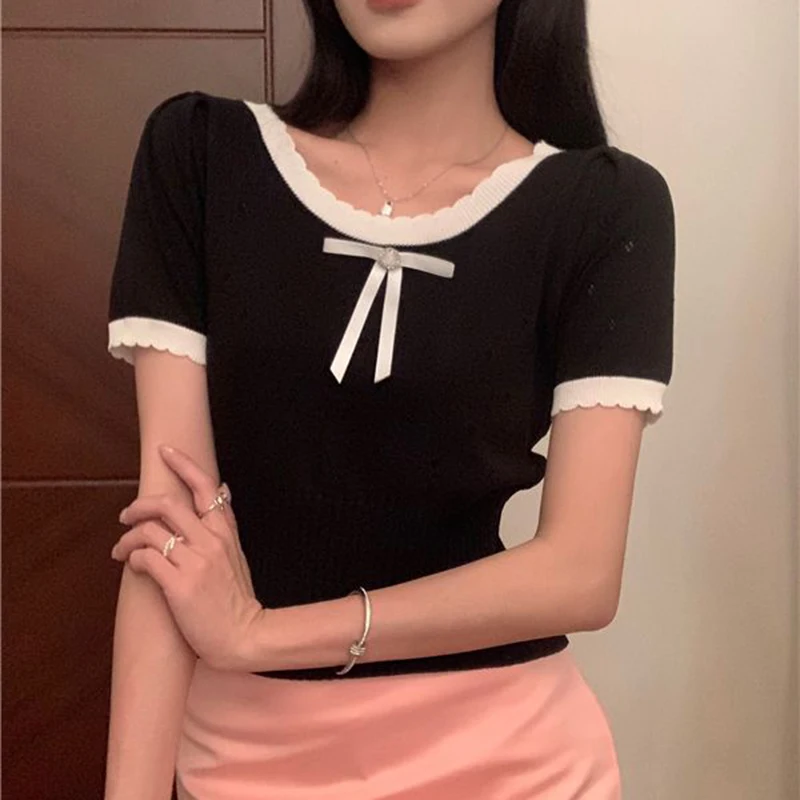 Rimocy Sweet Lace Bow T Shirts Women Summer Pink Kawaii Y2k Short Sleeve Crop Tops Woman 2000s Slim Roum Neck Knitted Tees Mujer