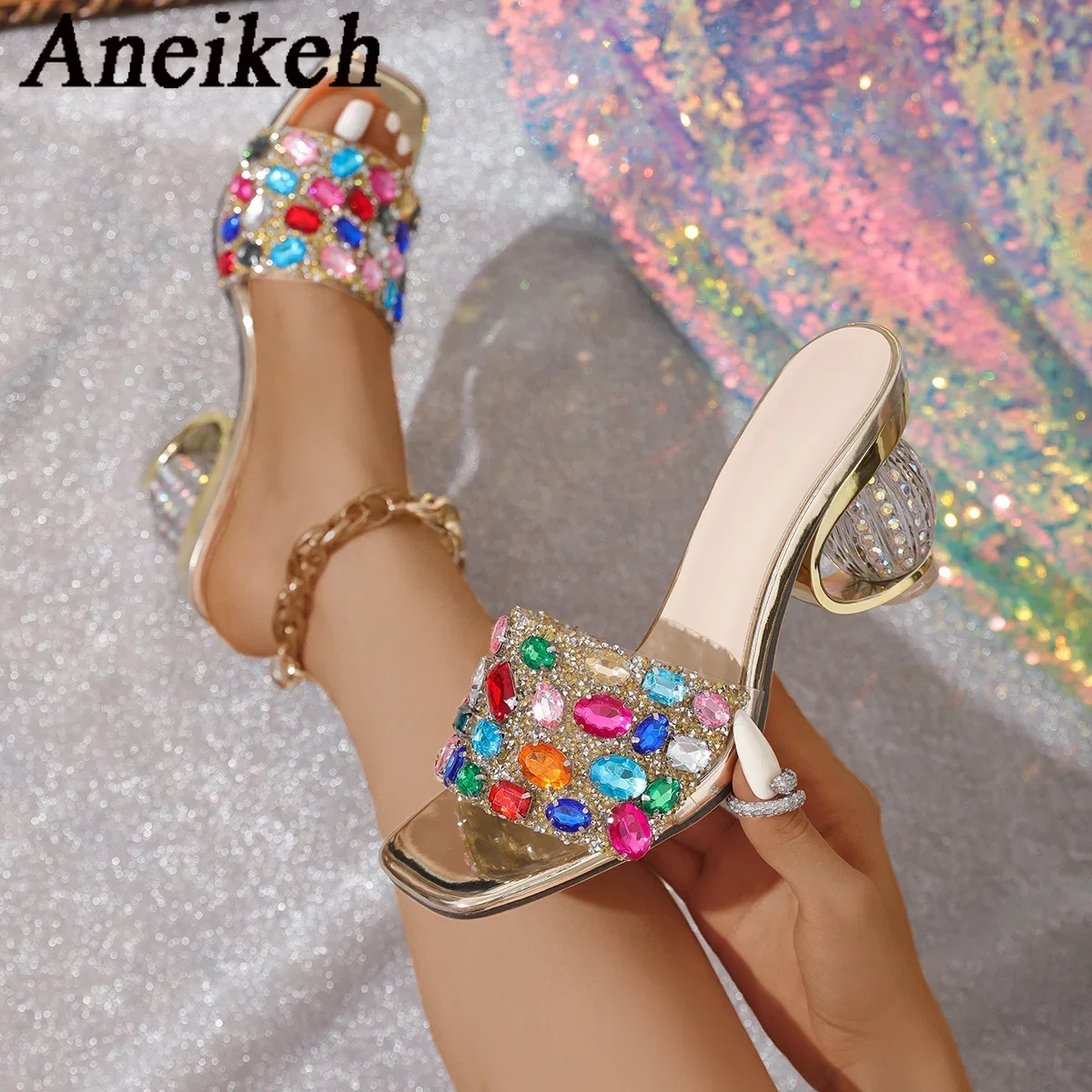 Aneikeh Shiny Colored rhinestone Sandals Slippers Women Transparent Thick Bottom Party Dress Mules High Heels 2025 Summer heeled