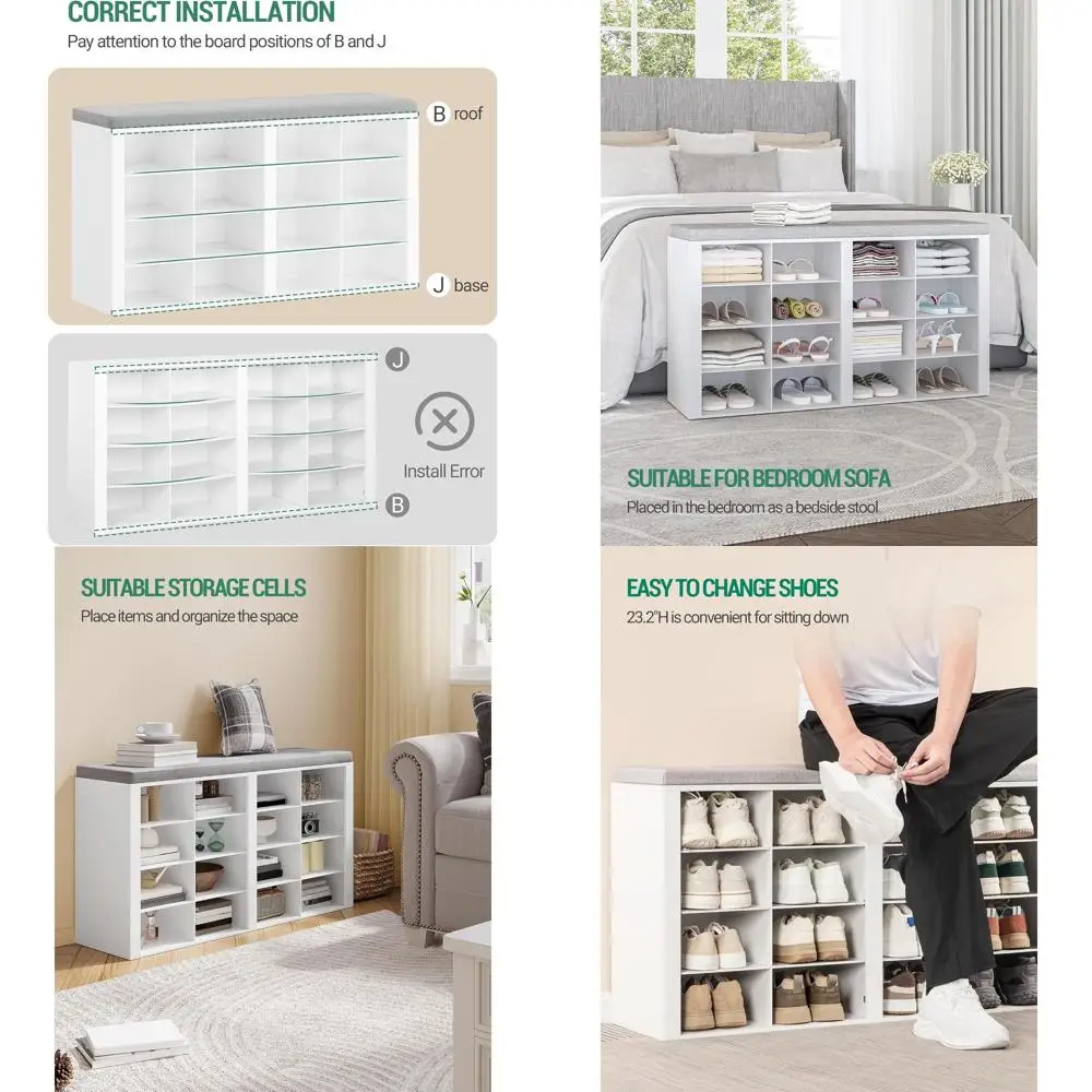 

White Entryway Storage Bench with Cushion, 16-Cubby Shoe Rack, Adjustable Shelves for Living Room, Bedroom, Entryway