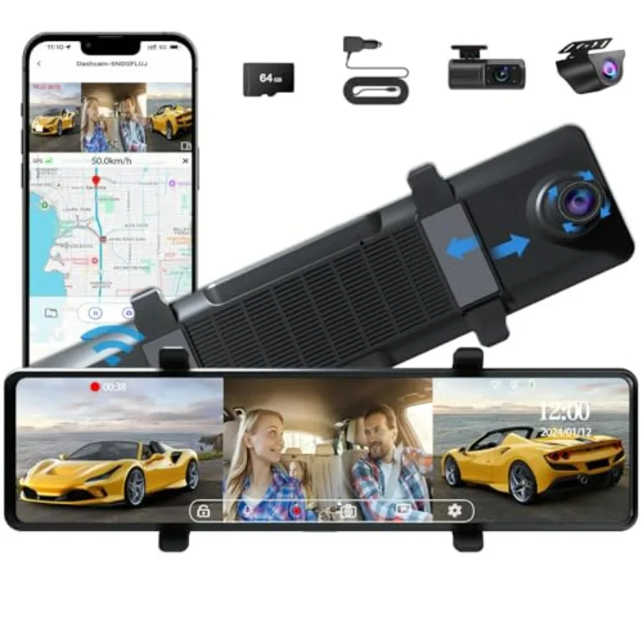 

3 Channel Mirror Dash Cam 12 Triple Rear View Mirror with Front 4K Inside and Rear 1080P Cameras 5.8GHz WiFi G-Sensor Night Vis