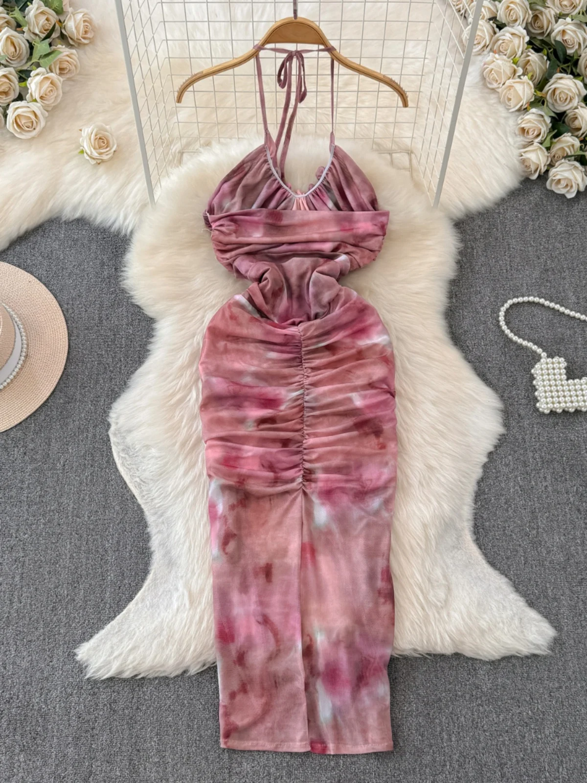 Foamlina Tie Dye Print Mesh Beach Party Dress Women Sexy Tie Up Halter Neck Sleeveless Backless Ruched Split Long Holiday Dress