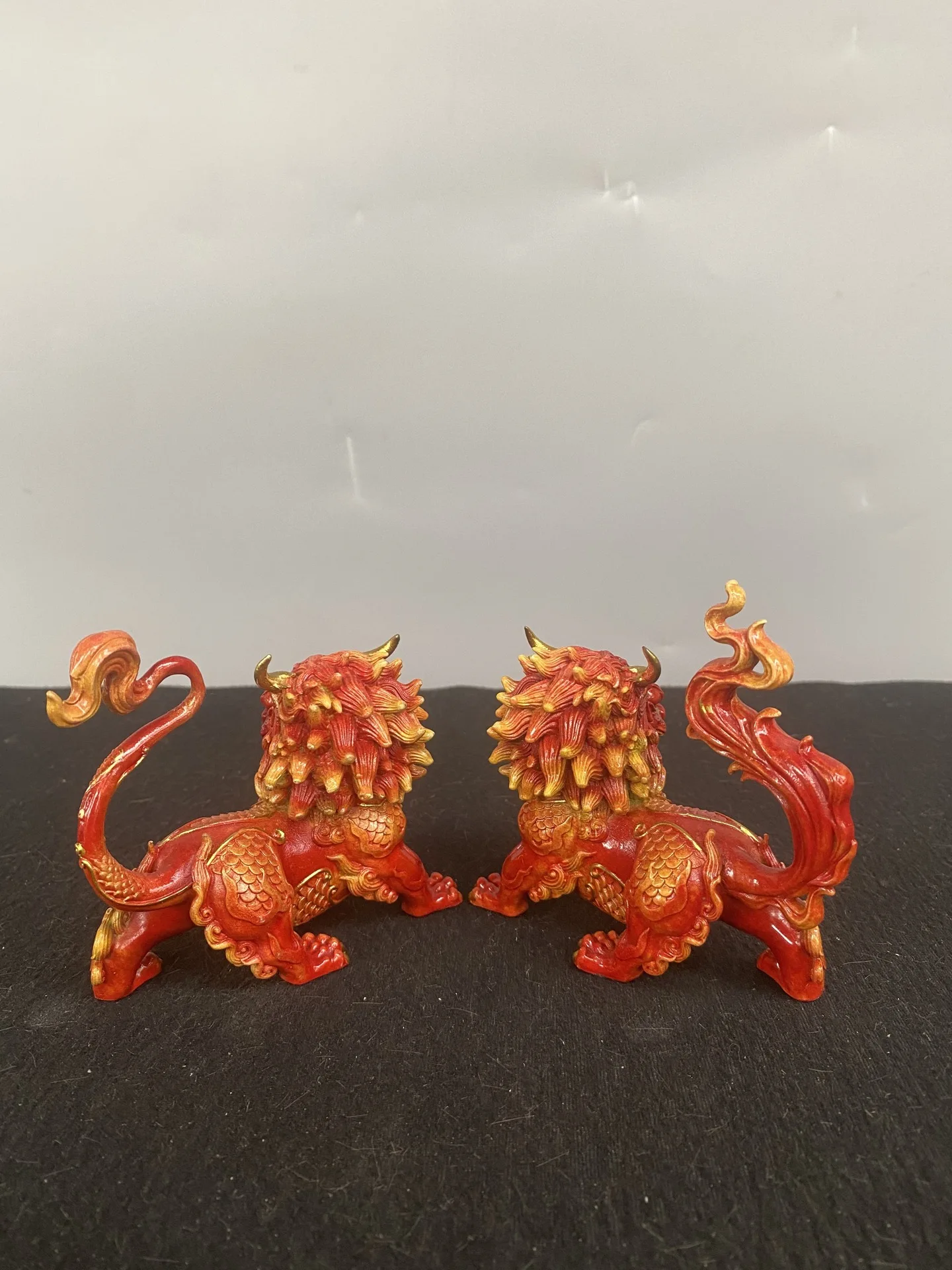 Old Brass Copper painting Shanhai Qilin Kirin Statue a pair mythical beast Door God Study Town house