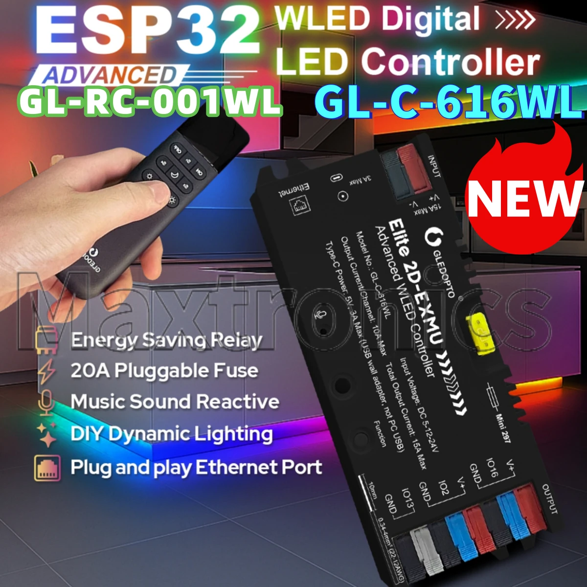 

NEW GLEDOPTO Elite 2D EXMU Advanced ESP32 WLED LED Controlle GL-C-616WL with MIC 20A Fuse DIY Dynamic Light FOR WS2811 SK6812