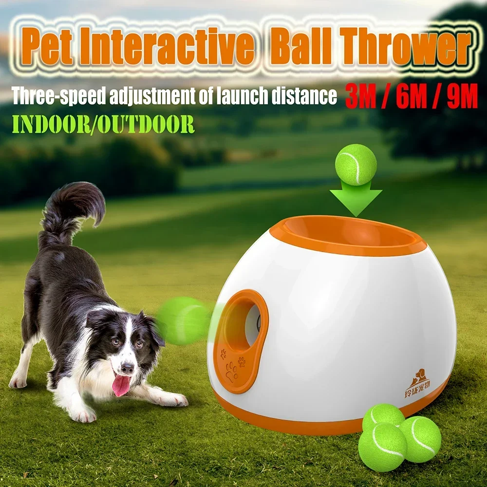 Pet Toys Tennis Launcher Automatic Throwing Machine Ball Throw Device 3/6/9m Section Emission with 3 Balls Dog Training