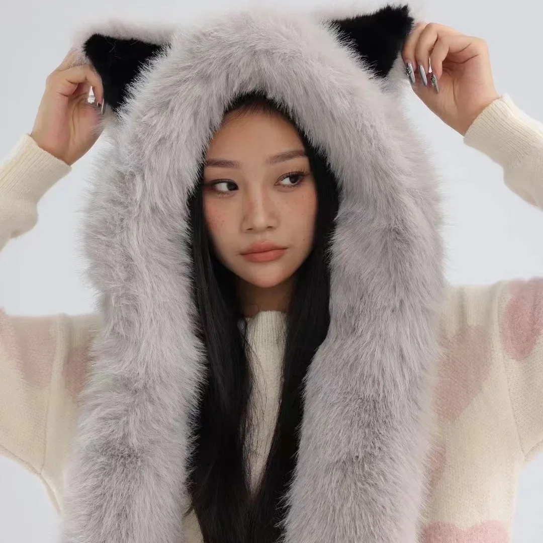 Women Winter Faux Fox Fur Scarf Fur Wrap Girls Outdoor Earflap Cap Neckerchief Fluffy Warm Beanie Hat Bomber Hats Snow Ski Cap