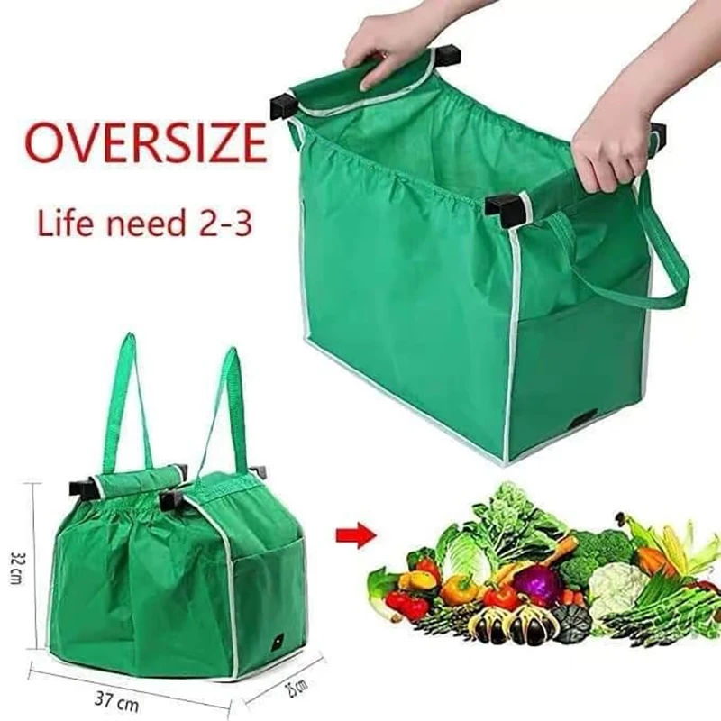 Reusable Shopping Trolley Bags Grab And Go Bag Heavy Duty Grocery Tote Bags Collapsible With Handles Clip On Shopping Cart