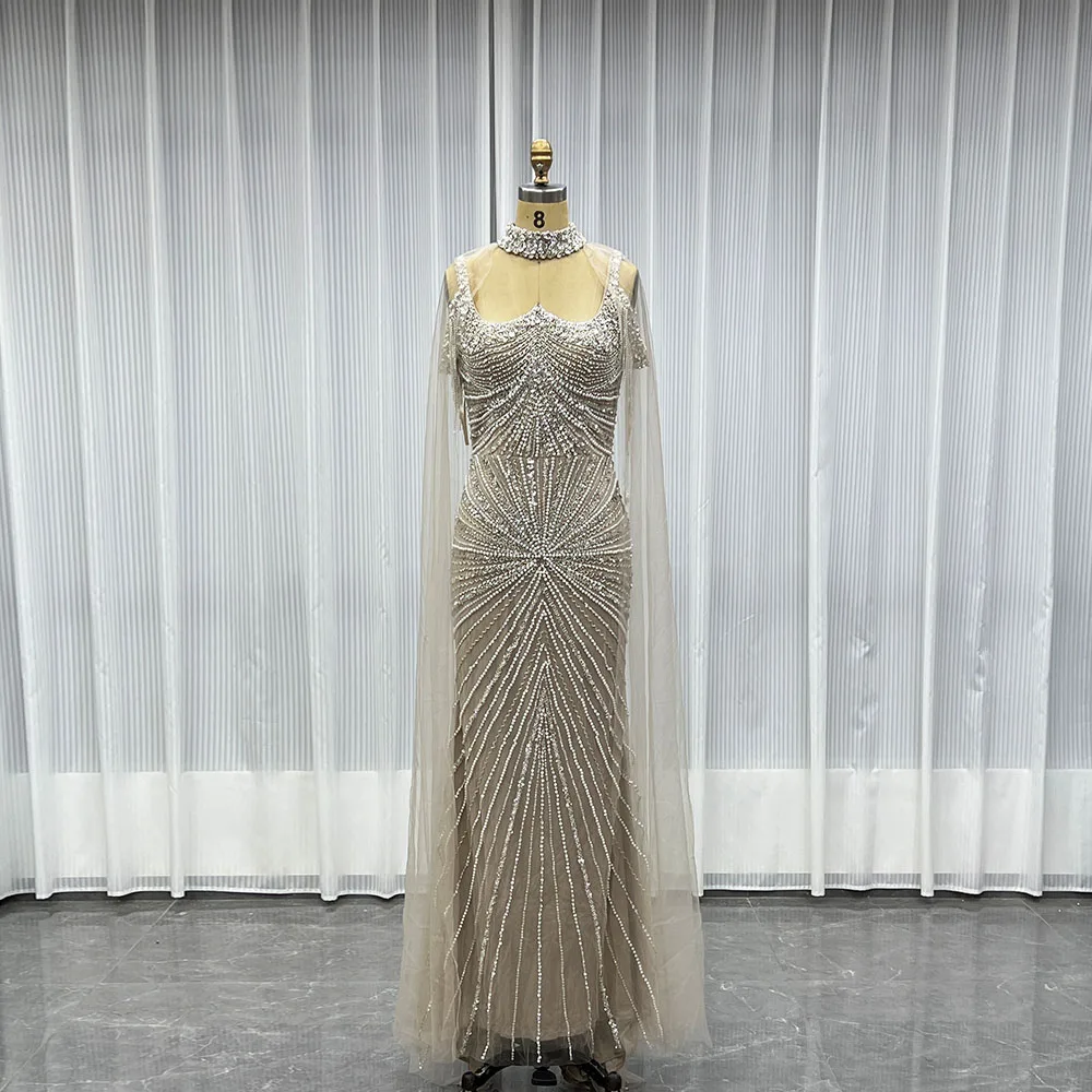 

YQLNNE Luxury Mocha Crystals Long Evening Dresses With Cap Sleeves