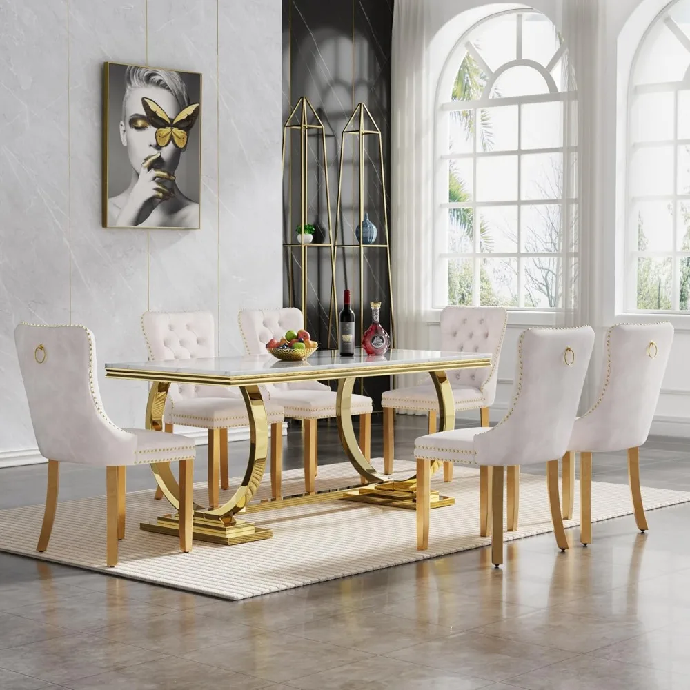 70 Inch Marble Dining Table Set, Modern Imitation Marble Dining Table, Equipped with 6 White Velvet Dining Chairs