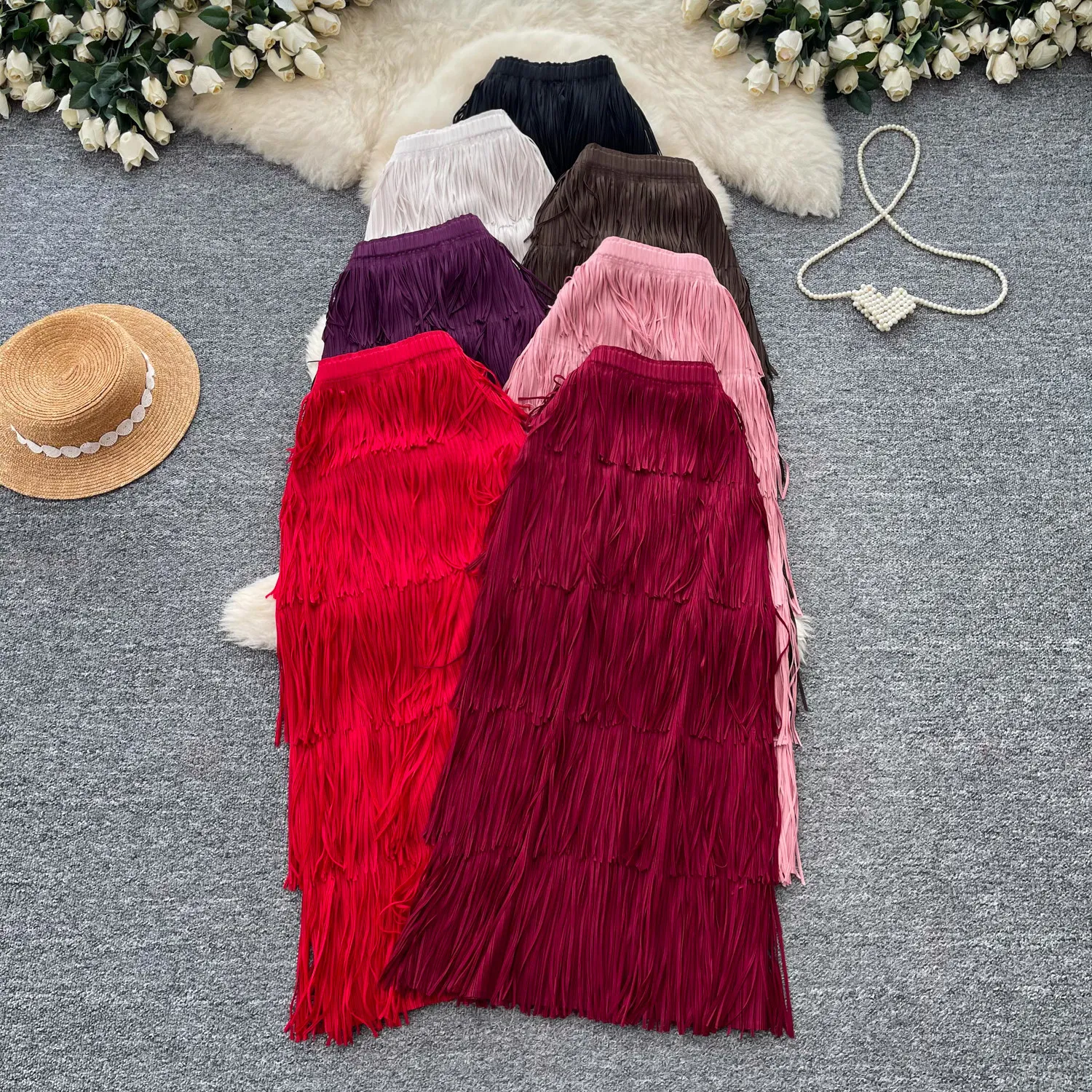 

Cake Skirts Women Mid Length Skirt A Line Elastic Waist Slim Fit Tassel Sexy Elegant Splice Y2k Streetwear Work 2026 Summer
