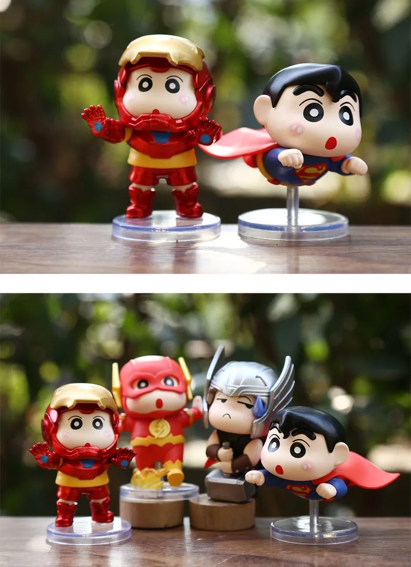 6pcs Set 8cm Crayon Shin Chan Figure Batman Superman The Flash IronMan Captain America Thor Cosplay Model PVC Decor