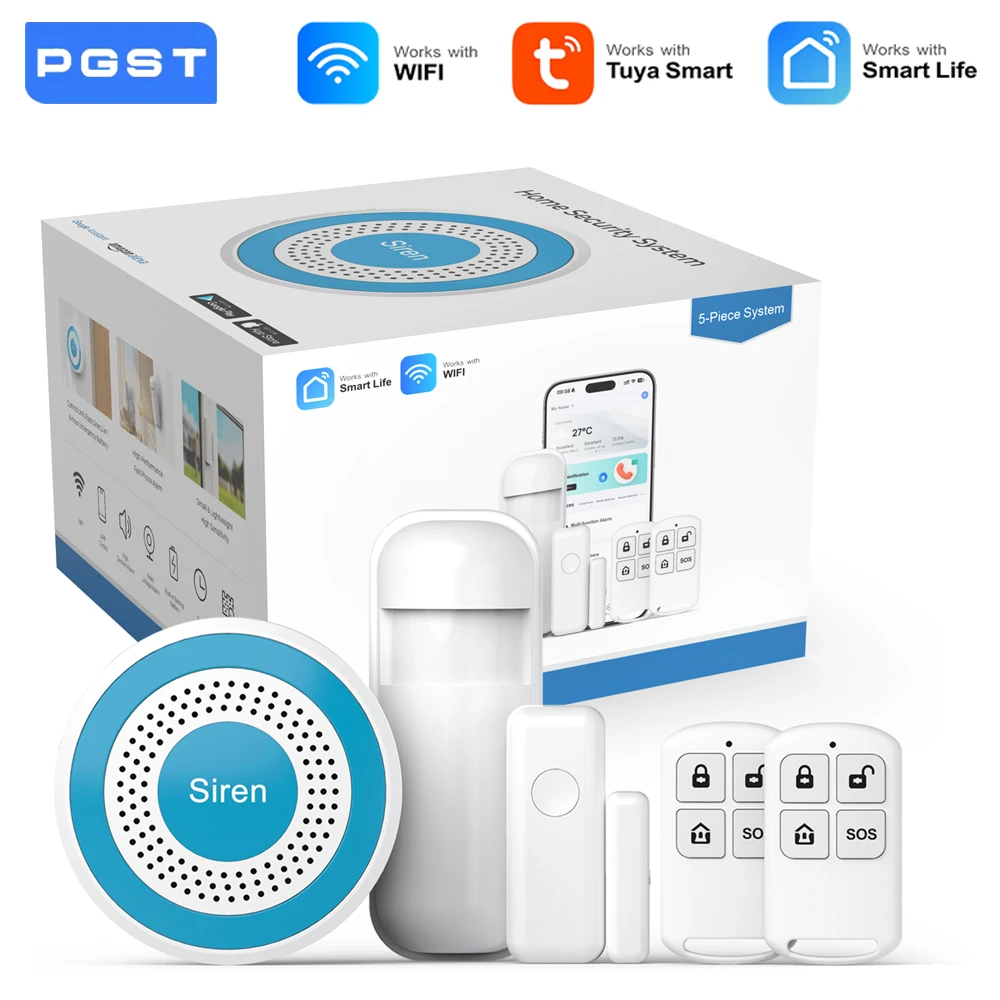 

PGST WiFi Smart Life Alarm Security System Kit Tuya Alexa Home Automation Alarm Security Protection 433MHz Door Motion Detector