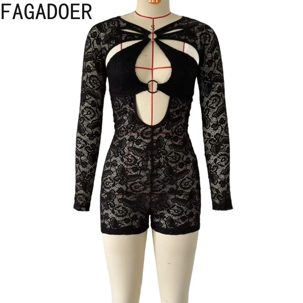 FAGADOER Sexy Lace Hollow-out Patchwork Bodycon Rompers Women See Through Long Sleeves Jumpsuit Female Streetwear Overalls New