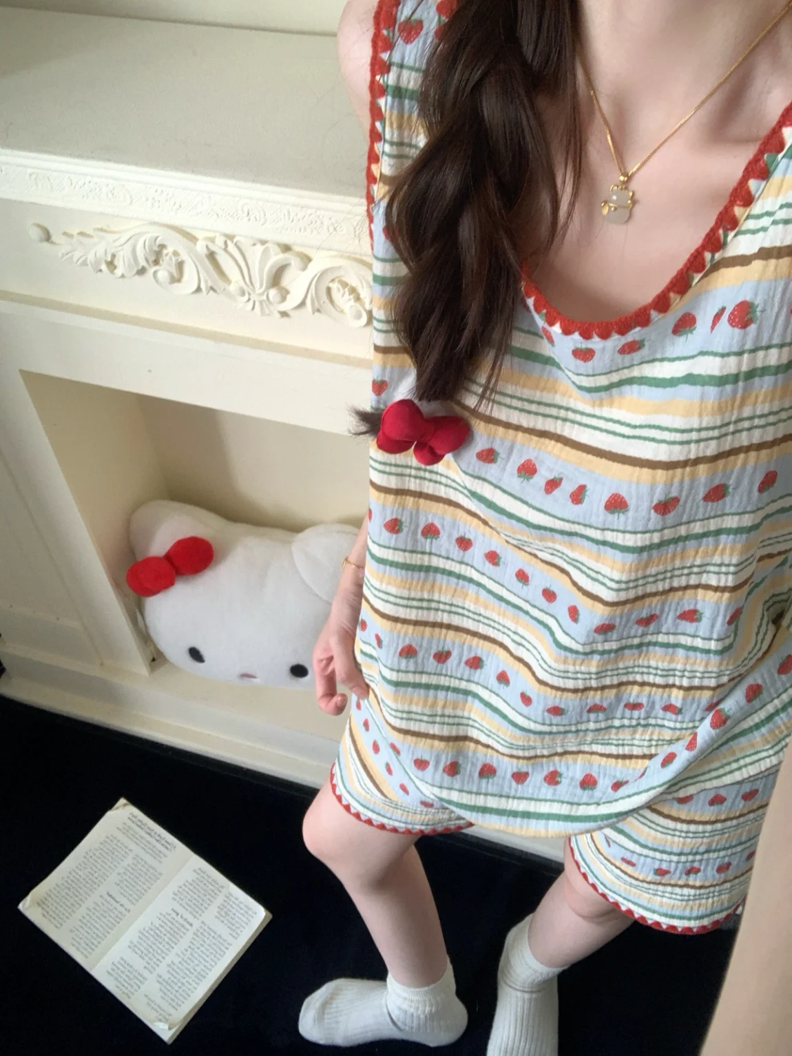Korean Sweet Strawberry Print Striped Double-layer Cotton Yarn Pajamas Women's Summer Vest Shorts Loungewear 2025 New