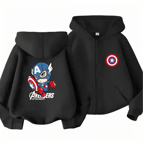 Captain America print age 3-12 Children black tops Hoodie Zipper style coat Suitable Boys Girls Sweatshirt pink Clothing